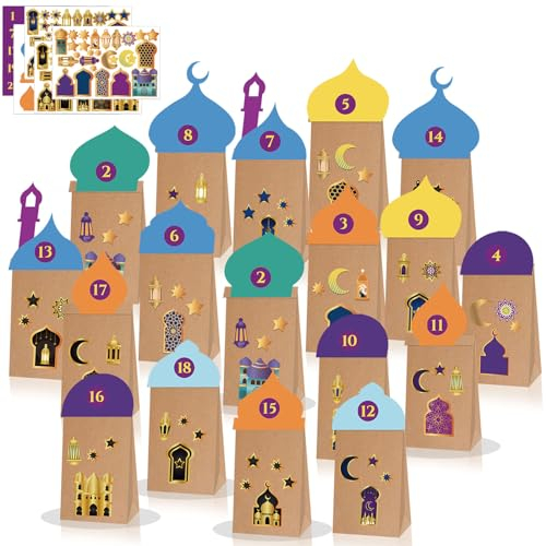 YHBXAMZ DIY Ramadan Kalender zum Befüllen, 30 Stück Papiertüten aus Kraftpapiert eid Mubarak Tüten,DIY Geschenktüten Muslimischen Deko Islam Zuckerfest Deko, mit Aufkleber und Golddruck zum Dekorieren