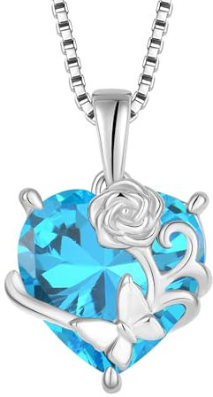 YL Collier Cœur Rosé Argent 925 taillé Mars Pierres de Naissance Aigue-marine Papillon Pendentif pour Femme