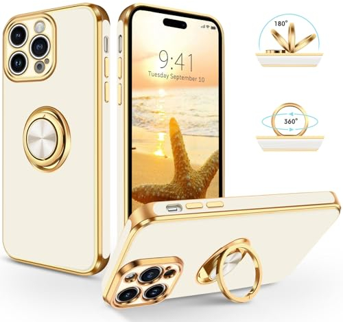 SouliGo iPhone 15 Pro Hülle, iPhone 15 Pro Handyhülle Slim weiche TPU Silikon Case Cover mit 360 Grad Ring Halter Ständer stabil Kratzfest Hülle für iPhone 15 Pro 6.1'' Weiß Gold