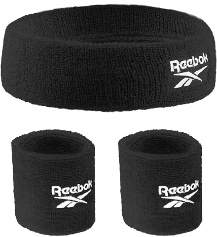 Reebok 3-teiliges Unisex-Schweißband-Set – 5,7 cm Workout-Stirnband und 8,3 cm Armbänder mit Stay Dry-Technologie, Frottee-Band, feuchtigkeitsableitendes Gewebe, hochwertiges Fitness-Zubehör für