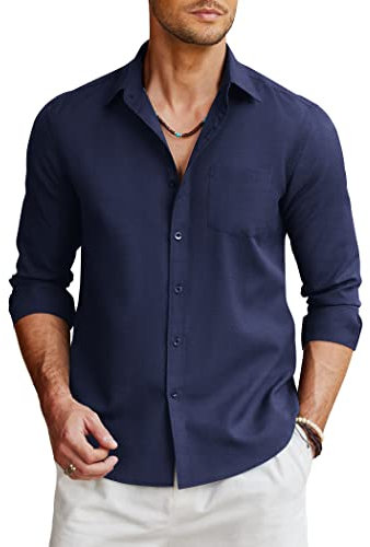 COOFANDY Men's Dress Shirts Long Sleeve Regular Fit Casual Oxford Button Down Shirt Cotton Formal Shirts with Pocket Navy Blue XL