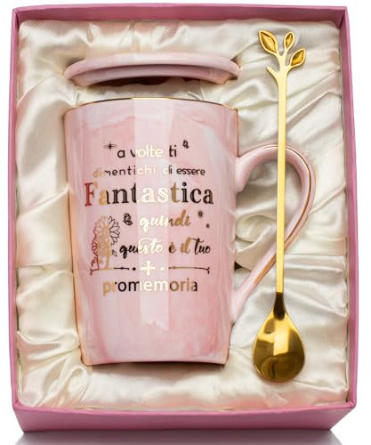Regalo Mujer Cumpleaños, Regalo Mujer - Taza de cerámica marmolada de 400 ml, Ideas Regalos Mujer-a para Amigos, Hermanas, Colegas, Esposa, Madre, con Tapa, Cuchara, Tarjeta, Caja de Regalo