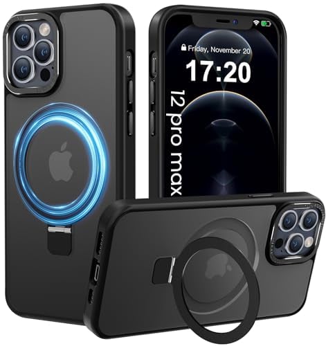 PuyaTeya Handyhülle für iPhone 12 pro max Hülle, [mit Unsichtbarem Ständer ][mit Magnetic] Kratzfeste Anti-Fingerabdruck [Transluzente Matte] Hülle für iPhone 12 pro max 6.7(Schwarz)