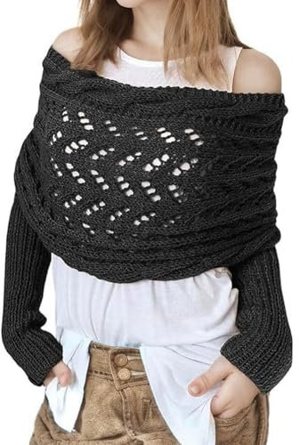 HAGOT Garnschal Damenschal, Strickschal Schal mit Ärmeln, Pulloverschal mit Ärmeln, Schal Mit äRmeln äRmelschal, Wickelpullover für Damen, Schultertuch Dirndl ZubehöR Damen, Schwarz