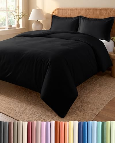 3-Teiliges Bettwäsche-Set 240x220 cm Schwarz, Bettbezug mit 2 Kissenbezügen 80x80 cm, Gebürstete Mikrofaser, Reißverschluss und Eckbänder, Weich Knitterfrei Oeko-TEX Zertifiziert, 3PC Doppelbett