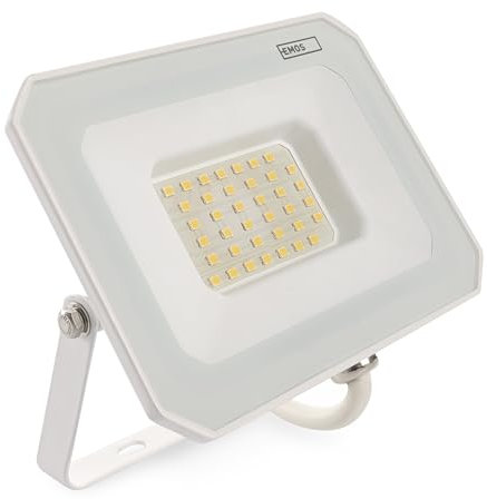 EMOS LED Strahler SIMPO 30 W, IP65 wasserdichtes Flutlicht für Feuchtraum oder Außen, superhell 3000 lm, Neutralweiß 4000 K, Lebensdauer 15 000 Stunden, inkl. 15 cm Anschlusskabel, weiß
