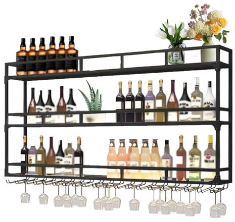 amhricho Weinregal Wand, 3 Ebenen Wand-Weinregale mit Glashalter, Multi funktionaler Weinpareite Display Rack,Weinflaschenhalter Wandmontage, für Zuhause, Bar, Küche, Restaurant (BLACK, 180*25*90cm)