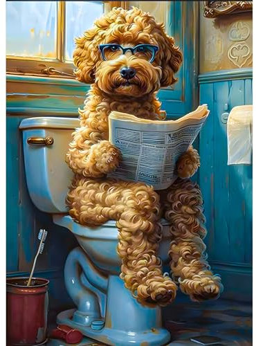 KEYIFA Diamond Painting Zubehör, 5D Süßer Hund auf der Toilette Crystal Art Foto Bastelset Diamond Painting Erwachsene, DIY Vollbohrer Bilder Diamond Painting Set, Home Wand Dekor 30x40cm