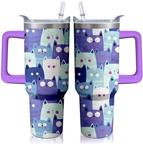 Kearscupra 40oz Cute Cat Tumbler with Handle and Straw, Stainless Steel Insulated Cup with Lid, Travel Coffee Mug Water Bottle, Birthday Mothers Day Gifts for Women Men Animal Lovers