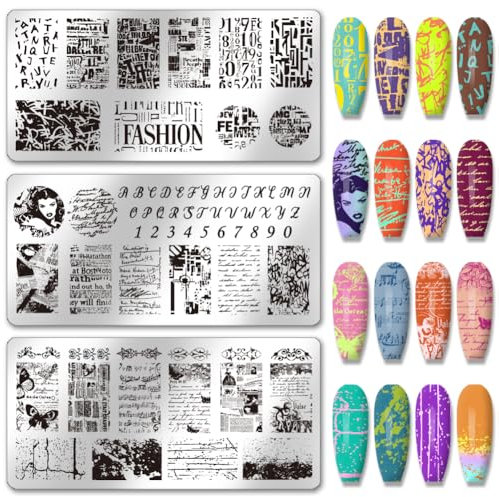 PH PandaHall 3pcs Graffiti Textur Nagel Stamping Plates Nummer Alphabet Nägel Kunst Schablonen Vintage Styles Maniküre Kunst Schablonen Buchstaben-Nagelbild-Platten für DIY Maniküre Salon Design Tools