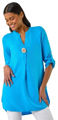 Roman Originals Shirt for Women UK Ladies Longline Top Collarless Blouse Smart Tunic Casual Evening Relaxed Fit 3/4 Length Sleeve Notch V Neck Long - Plain Blue - Size 14