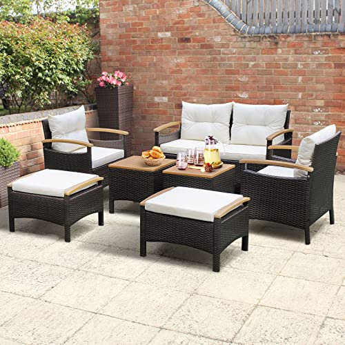 GIANTEX 7 TLG. Lounge Möbel Outdoor, Rattan Gartenmöbel Set 6 Personen, Balkonmöbel Set mit Bank & 2 Sesseln & 2 Hockern & 2 Couchtisch, Terrassenmöbel Outdoor Sitzgruppe, Gartengarnitur Gartenlounge
