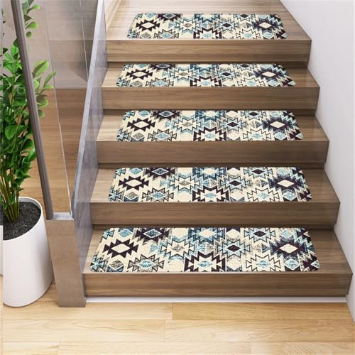 Rutschfeste Stufenmatten – Set mit 10 blauen geometrischen Stil für den Innenbereich mit Gummi-Rückseite