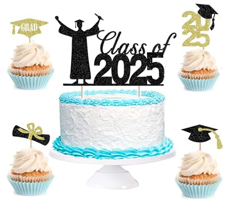 Fesnova 5 Stück 2025 Graduation Cake Topper, Schwarzer Glitzer, für Schulabschluss 2025, Cupcake Picker mit Abschlusshut, Kuchenaufsätze, Abschlussfeier 2025, Graduation Deko