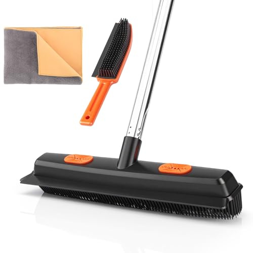 Rubber Broom with Squeegee for Carpet Pet Hair Remover (Orange)