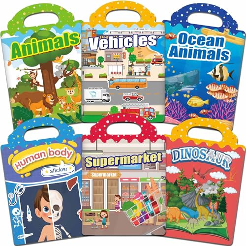 Stickerbuch ab 2 3 4 Jahre – 6er Set Wiederverwendbare Stickerbücher mit 300+ 3D Stickern – Sticker Kinder mit Tier,Fahrzeug,Ozean,Supermarkt,Körper, Dino – Geschenkidee Mädchen Jungen Reise Spielzeug