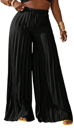 QJQ Women's Elegant Flowy Palazzo Wide Leg Pants Elastic High Waisted Loose Dressy Pleated Trousers Black Medium