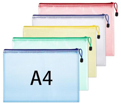 A4 Plastic Wallets, 5 Pack Zip Lock Bags Mesh Document Wallet File Folders | Zip Pouches with Labels, PVC Waterproof Material, Translucent Mesh for School Office Supplies Home Travel Storage (5 Colors)