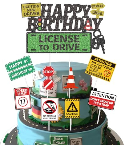 Eiapadeor 17th Learner Driver Birthday Decorations - 9 Pcs 17th Driver License Cake Toppers for Boys Car Road Signs Birthday Cake Decorations for 17 Year Old Transportation Theme Party Decorations
