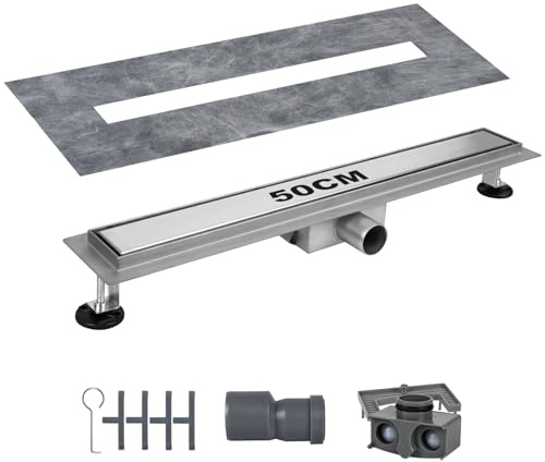 SROCHN Duschrinne 50 cm, Edelstahl Ablaufrinne mit Siphon Geruchsstop und Haarfilter, Befliesbar Bodenablauf
