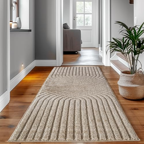 SIMPEX Teppich Läufer 80x150 cm Beige Hochflor Skandi Boho Design Hoch-Tief Effekt Weicher Shaggy Langflor Flauschig Robust Pflegeleicht Modern für Schlafzimmer, Flur