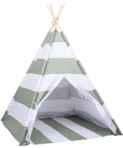 vidaXL Kindertent Grau und Weiß 120 x 120 x 150 cm Massivholz Kiefer, Kinderzimmer, faltbares Zelt in Kegelform, tragbarer Spielspaß, gestreiftes Spielhaus für drinnen und draußen