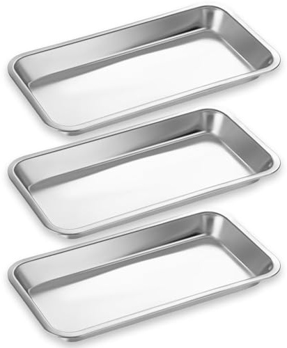 3 Pcs Stainless Steel Trays Small Metal Instrument Trays 22.5 X 12 X 2 Cm | Rust And Corrosion Resistant Heat Resistant Polished Seamless Rounded Edges Stackable For Clinics Labs Tattoo Salons
