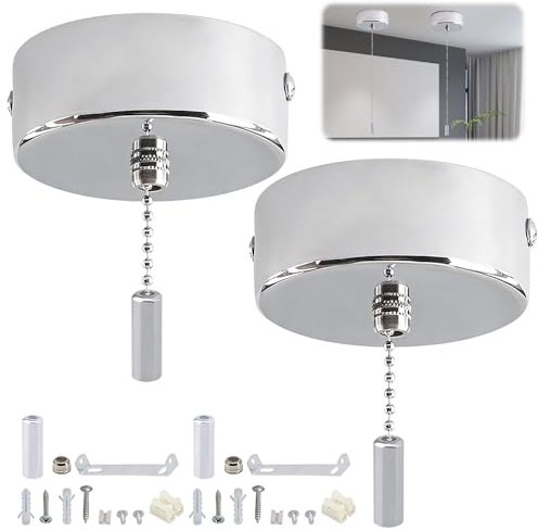 2 PCS Bathroom Light Pull Cord Light Switch Bathroom Ceiling Lights with 150Cm Chain Kit, Ceiling Mounted Chrome Plated Silver Round Pendant Lights Switch Fitting Kit for Chandeliers Accessories