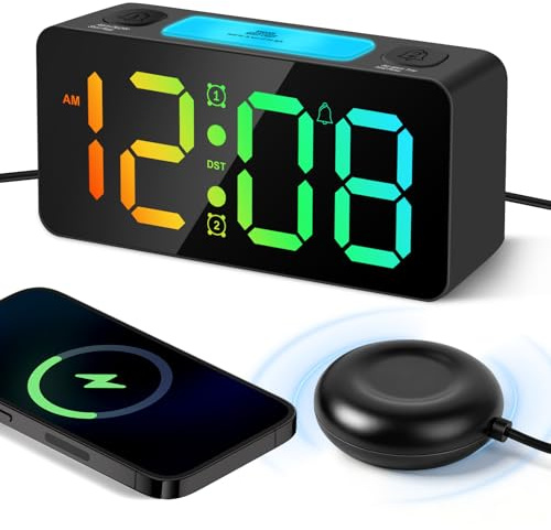 Philorn Loud Alarm Clock with Bed Shaker for Heavy Sleepers | Led Display, Dual Alarm, 4 Dimmers, 5 Volumes, Snooze Night Light, 12/24H, Power-Off Memory, Loud Alarm Clock for Deaf People