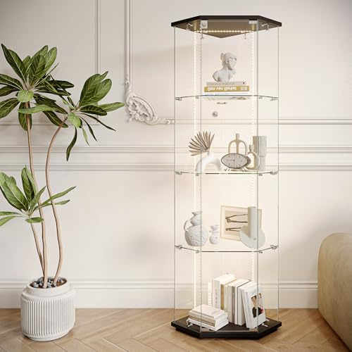 DIYHOM Eckschrank Glasvitrine Standvitrinen mit LED-Lichtleisten, 4 Lagen Vitrinen mit 1 Glastür, für Sammler, Bücher, 162 x 60 x 40cm, Schwarz
