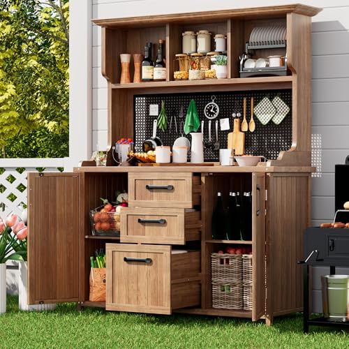 YuQozii Gartenschrank Holz, Garten Werkzeugschrank aus massivem Tannenholz – Standschrank mit 3 Schubladen, 3 Fächern, Metall-Lochwand und verstellbaren Regalböden, für Terrasse, Balkon
