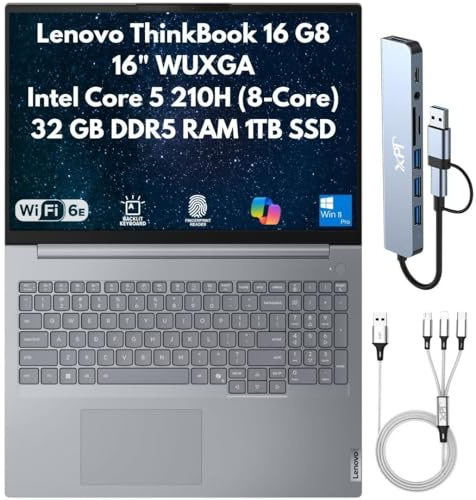 Lenovo ThinkBook 16 Gen 8 Business Laptop 2026, 16 WUXGA, Intel Core 5 210H 8-Core (Beats i5-13420H), 32GB DDR5 RAM, 1TB (2X 512GB) SSD, FPReader, Cam, RJ45, Wi-Fi 6E, Backlit Keyboard, Win 11 Pro