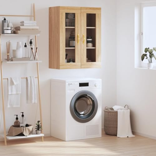 Foknhdi Wandschrank Sonoma-Eiche 69,5x34x90 cm Hängeschrank mit Glastüren Modernes Design Robust und Langlebig für Wohnzimmer Schlafzimmer Flur Büro Küche