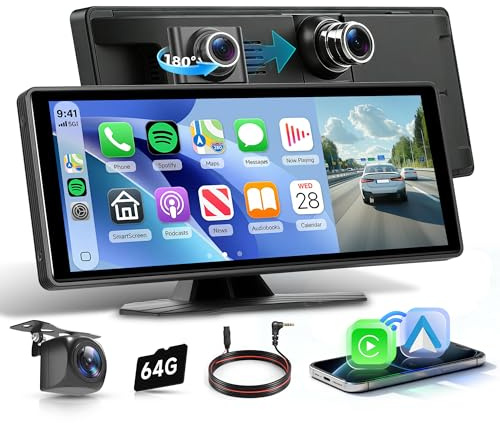 Rimoody 10.26 Portable Wireless CarPlay Screen 4K Dash Cam/Rear Camera | 64GB SD Card Wireless Car Play Android Auto IPS Touchscreen Bluetooth FM Airplay AUX WiFi Video Loop Recording MirrorLink