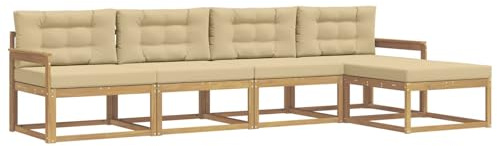 vidaXL Outdoor-Sofagarnitur mit Kissen 4 pcs Weiß und Beige Polyester, Gartenmöbel Set, modern, wetterfest, Sitzgruppe, Ecksofa, Akazienholz, braun, modulare Lounge