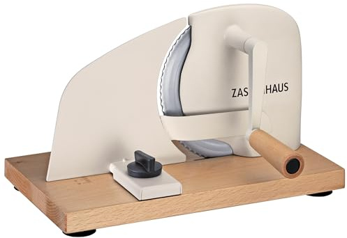 Zassenhaus Brotschneidemaschine PURE creme, manuelle Kurbelmaschine mit Edelstahlmesser, Spezial-Wellenschliff Made in Solingen, stufenlose Schnittstärkeneinstellung bis 20 mm