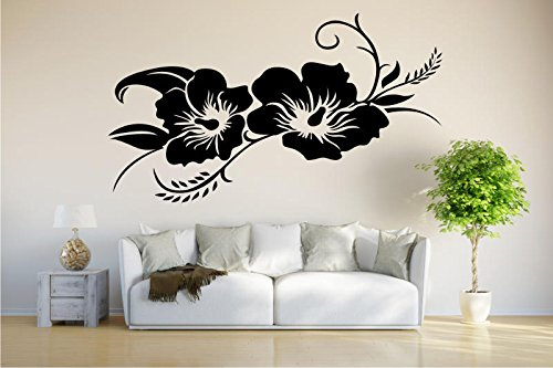 INDIGOS UG - Wandtattoo Wohnzimmer - Wandaufkleber Hibiskusblüte - Hibiskus - 80cm x 42cm schwarz - Aufkleber Kinderzimmer Schlafzimmer Küche Badezimmer Büro Dekoration