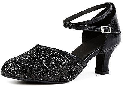 OCHENTA Damen elegante, jazzige, moderne, atemberaubende Glitzersandalen mit klassischer runder Spitze, 3,5 cm Absatzhöhe 37.5 EU Gummi Schwarz