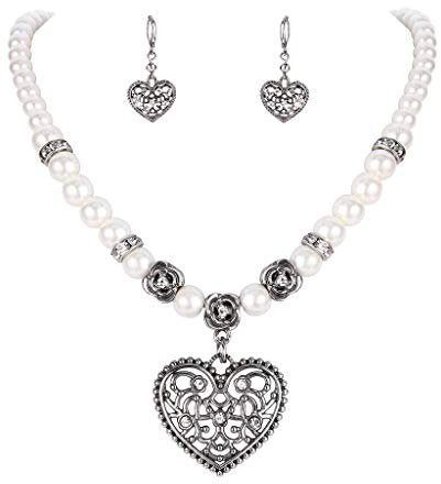 Clearine Damen Oktoberfest Trachtenscmuck Künstliche Perlen Kristall Amulettherz Dirndlkette Perlenkette Ohrringe Schmuck Set