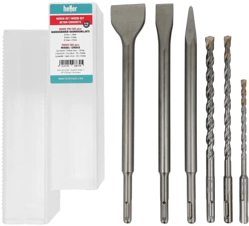 Heller Tools 2011 Bohrer und Meißel Set für Stein und Beton, Spitz-, Flach- und Spatmeißel, SDS-plus Bohrer Ø 6,8,10, 6-teilig, bohrer meißel set, sds plus