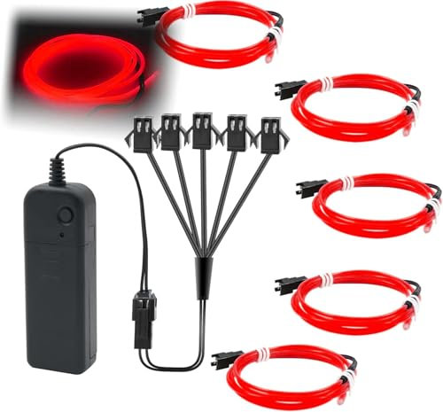 5in1 15Ft (5Pack 3Ft) Neon Strip Light Wire Kit, EL Wire Neon Rope Lights Kit El Wire w/Battery Pack for Cosplay Dress Halloween Christmas Party Decoration(Red)