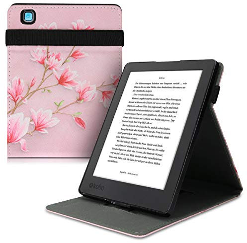 kwmobile Custodia Cinturino Mano Compatibile con KoboAura H2O Edition 2 Cover - Custodia eReader Stand - Rosa/Bianco/Rosa Antico Magnolie