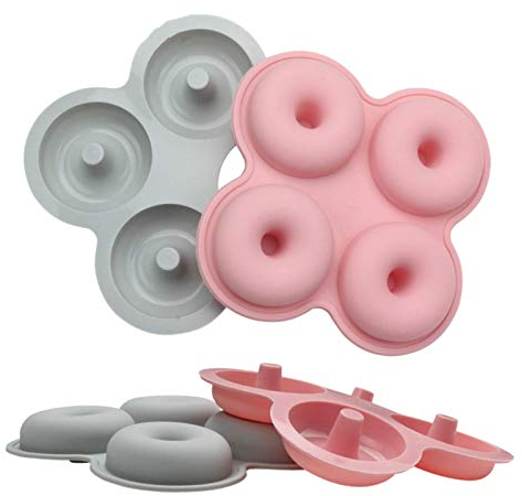 YUKAKI Moldes de silicona para rosquillas, molde antiadherente para hornear donut de 4 cavidades, bandeja de hojas sin BPA, para manualidades, bagels magdalenas, paquete de 2 (verde lima y rosa)