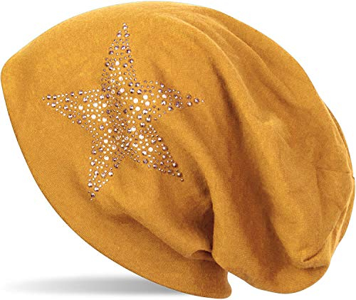 styleBREAKER Damen Beanie Mütze mit Strass Nieten Stern und Schmucksteine Silber-anthrazit, Slouch Longbeanie 04024087, Farbe:Curry