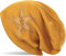 styleBREAKER Damen Beanie Mütze mit Strass Nieten Stern und Schmucksteine Silber-anthrazit, Slouch Longbeanie 04024087, Farbe:Curry