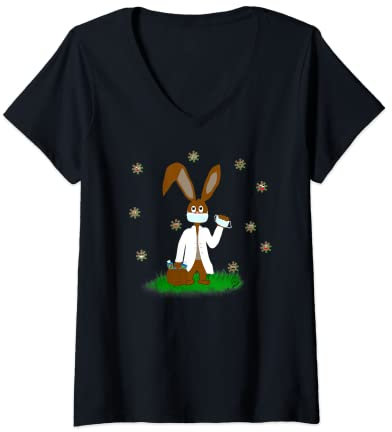 Damen Osterhase Doktor bringt Desinfektionsmittel und Masken Oster T-Shirt mit V-Ausschnitt