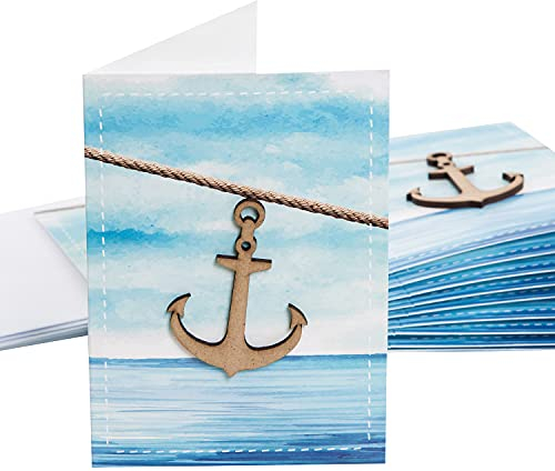 Logbuch-Verlag 10 Einladungskarten maritim mit Anker aus Holz - Karte für Hochzeit Geburtstag Fest Feier Glückwunschkarten blanko mit Kuvert