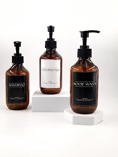 9th Cloud Design leere Seifenspender Flaschen, Shampoospender braun seifenspender 3er set 300ml inkl. wasserdichte Etiketten-Flasche zum befüllen, Spülmittelspender, braune Kunststoff Flaschen für Bad