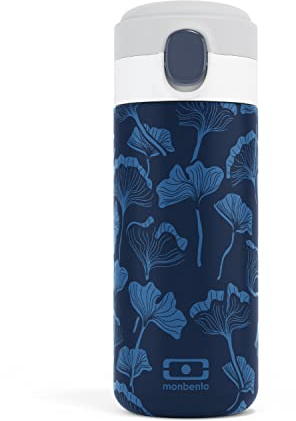 MONBENTO - Gourde Isotherme MB Pop Ginkgo - 360ml - Garde au Chaud/Froid jusqu'à 12h - Petite Gourde Hermétique Enfant Ecole/Parc et/ou Adulte à Glisser dans un Sac à Main - Motif Japonais - Bleu