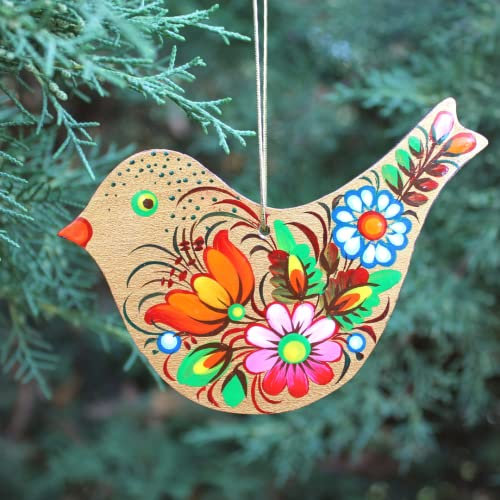 Weihnachtsschmuck Vogel aus Holz 11 x 8,3 x 0,5 Fein Beidseitig Handbemalt in der Ukraine nach Petrykiwka Tradition, Ukrainischer Floraler Christbaumschmuck Kunsthandwerk